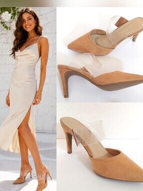 Jessica Carlyle Clear Strap Pointed Toe Mule Heels US 9 Nude Quiet Luxury Chic